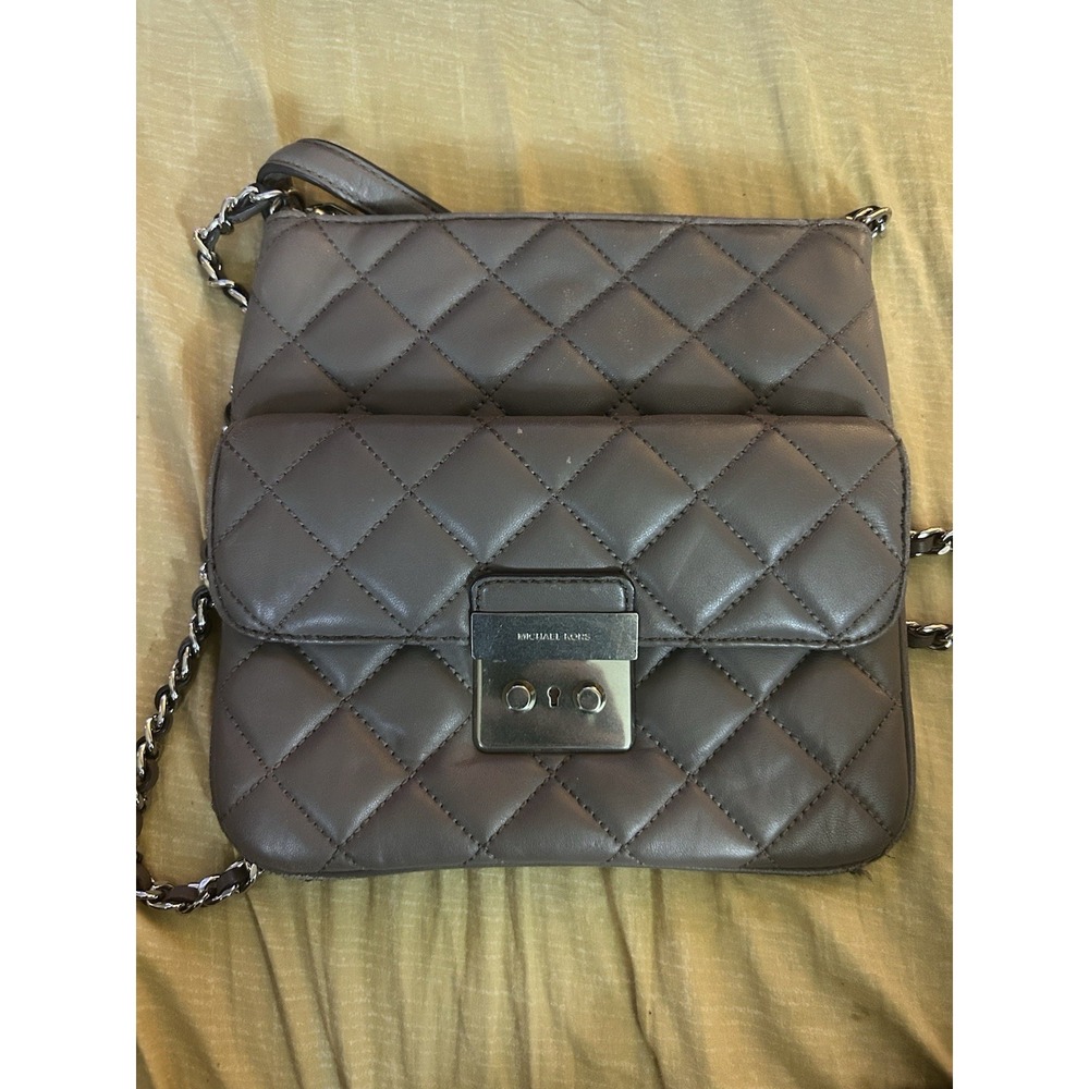 Michael Kors Quilted Leather Chain Crossbody Shoulder Bag Taupe Gray Silver Lock